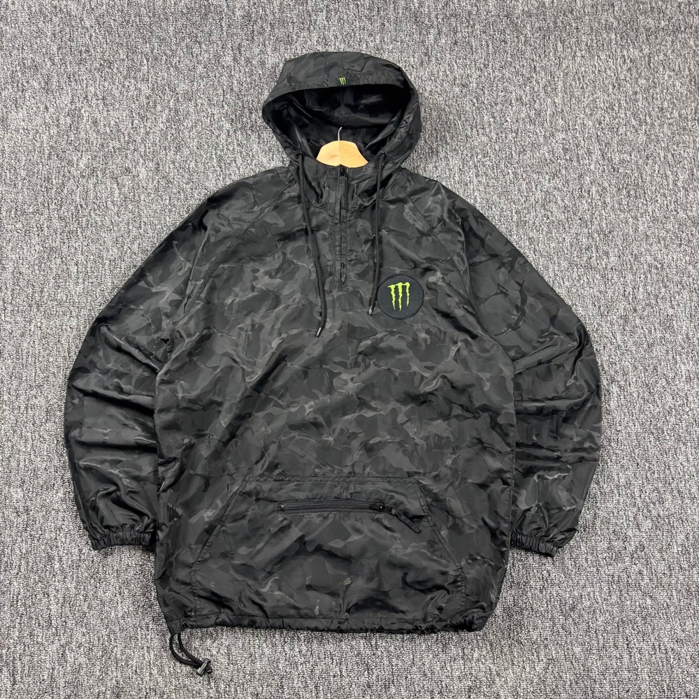 Y2K Monster Energy Camo Anorak Windbreaker Pullover Jacket Black Size M